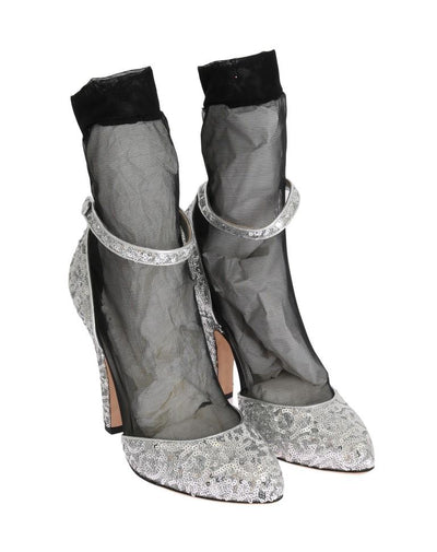 Silver Sequined Leather Socks Pumps