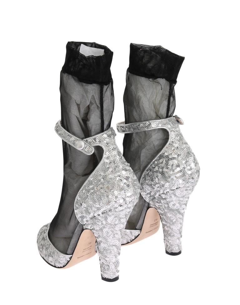 Silver Sequined Leather Socks Pumps