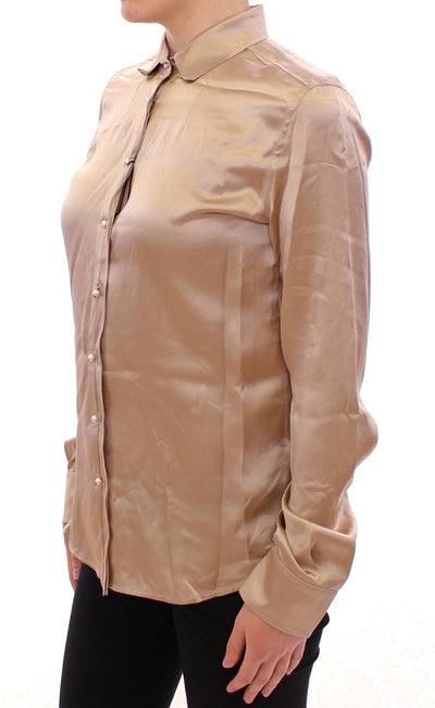 Beige silk pearl button shirt blouse