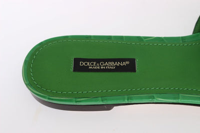 Green Wool Crocodile Flat Sandals