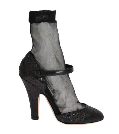 Black Leather Socks Glitter Pumps