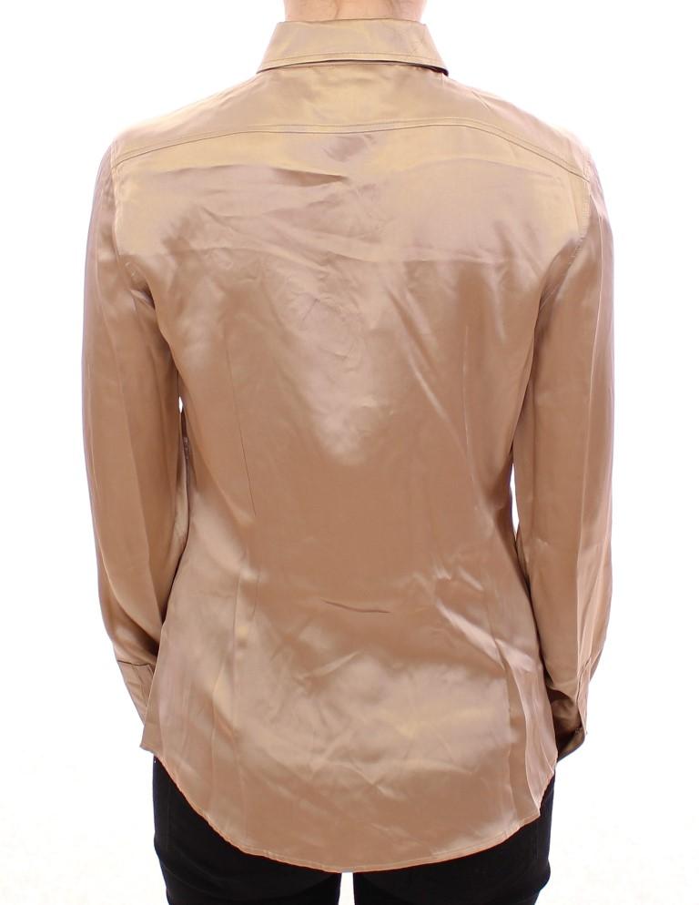 Beige silk pearl button shirt blouse