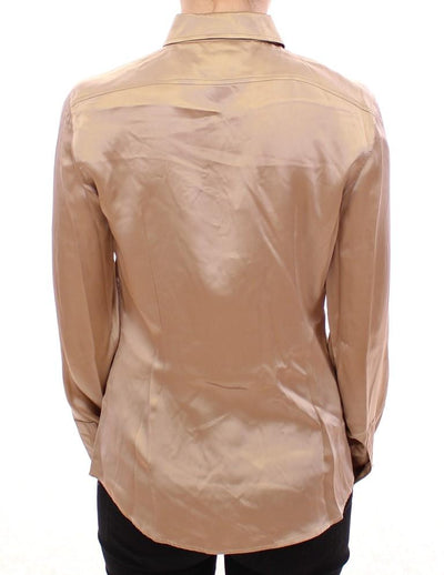 Beige silk pearl button shirt blouse