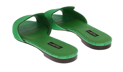 Green Wool Crocodile Flat Sandals