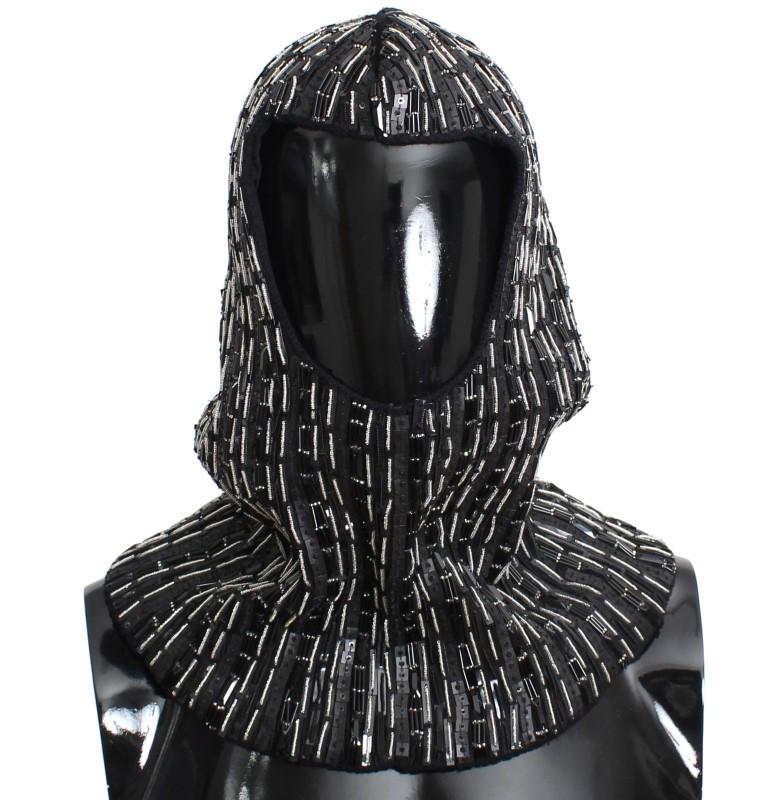 Black Wool Crystal Runway Crochet Hood