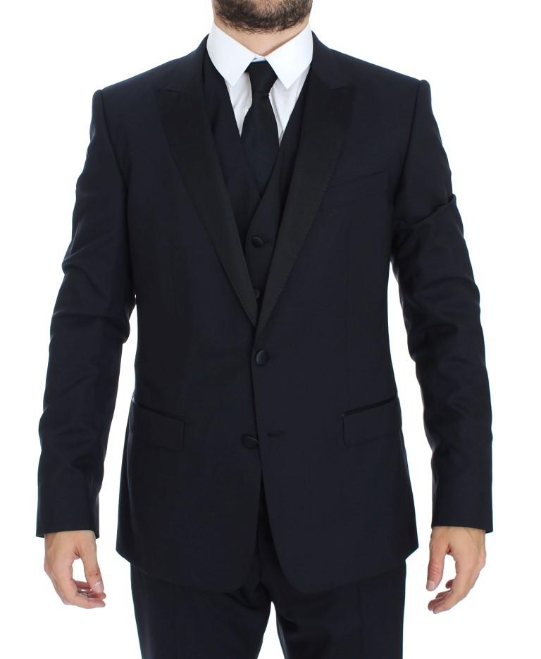 Blue Wool Silk 3 Piece Slim Suit Tuxedo