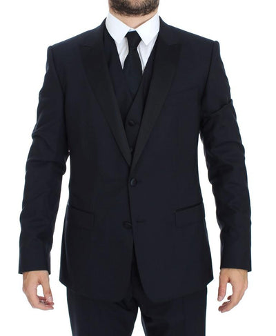 Blue Wool Silk 3 Piece Slim Suit Tuxedo