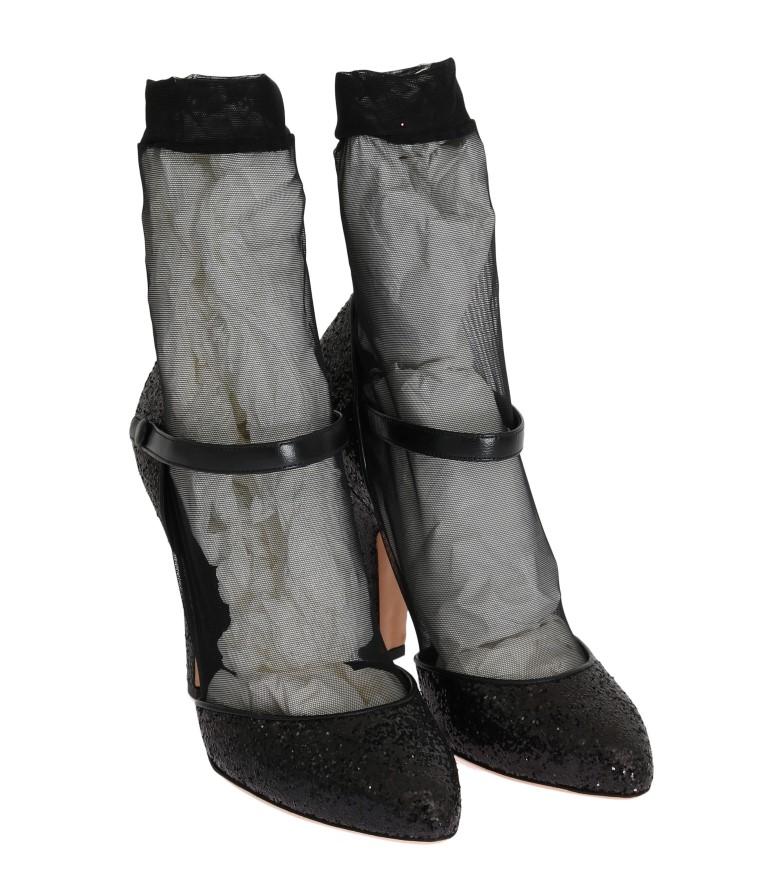 Black Leather Socks Glitter Pumps