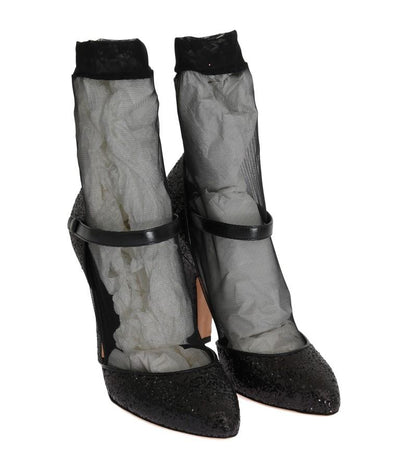 Black Leather Socks Glitter Pumps