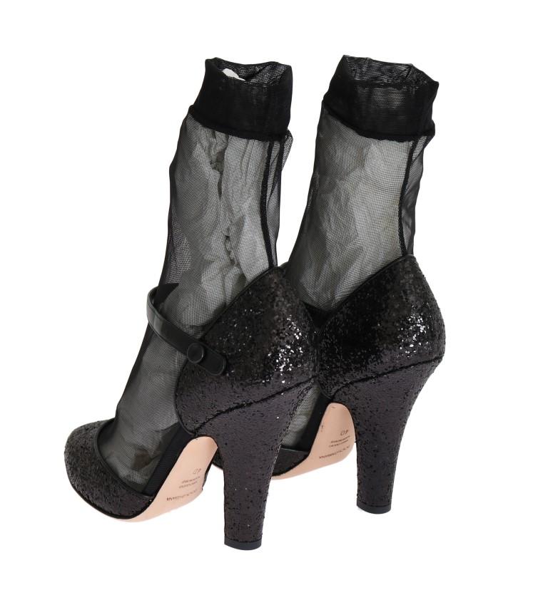 Black Leather Socks Glitter Pumps