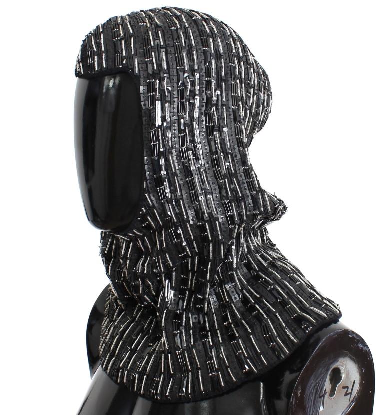 Black Wool Crystal Runway Crochet Hood