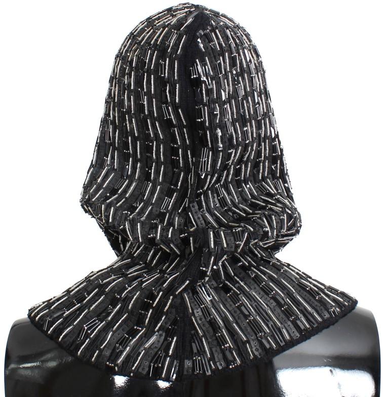 Black Wool Crystal Runway Crochet Hood