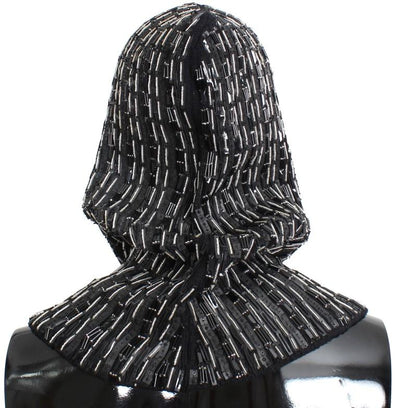 Black Wool Crystal Runway Crochet Hood