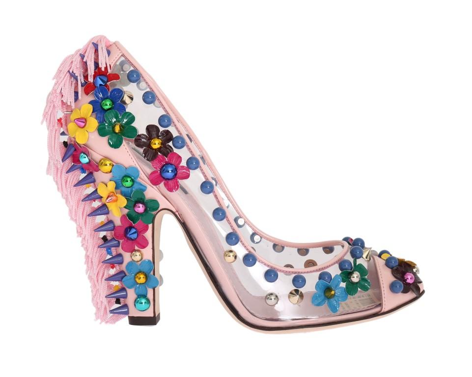 Pink Studded Floral Leather Pumps