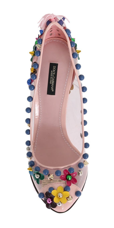 Pink Studded Floral Leather Pumps