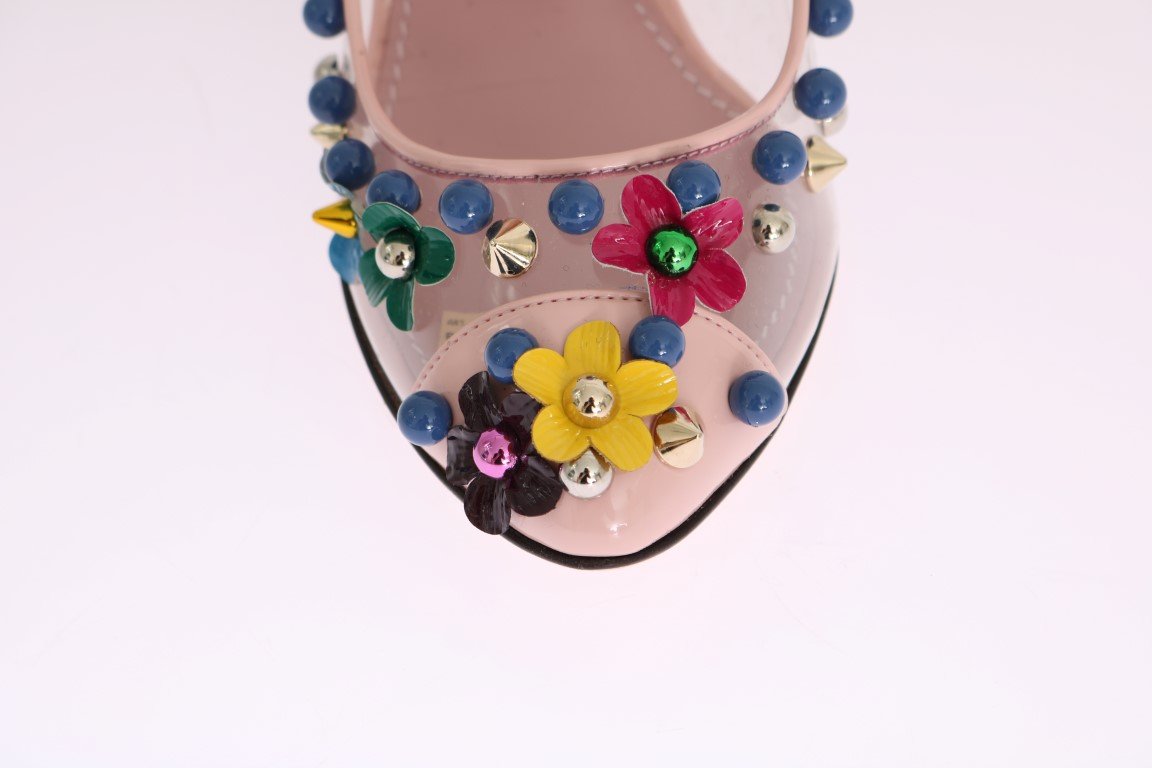 Pink Studded Floral Leather Pumps