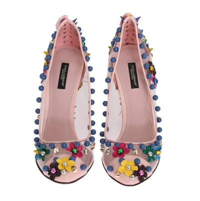 Pink Studded Floral Leather Pumps