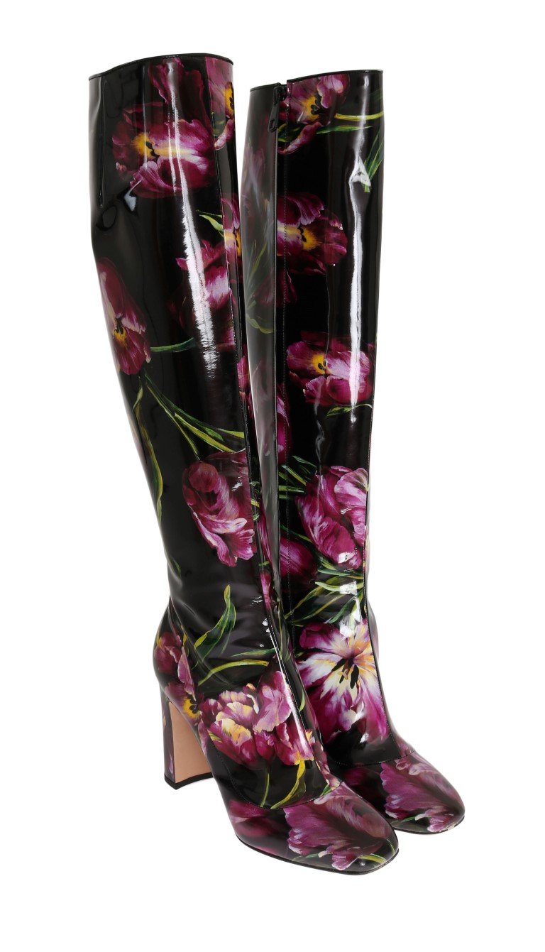 Black Leather Purple Tulip Boots