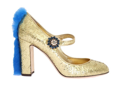Gold Leather Crystal Fur Pumps