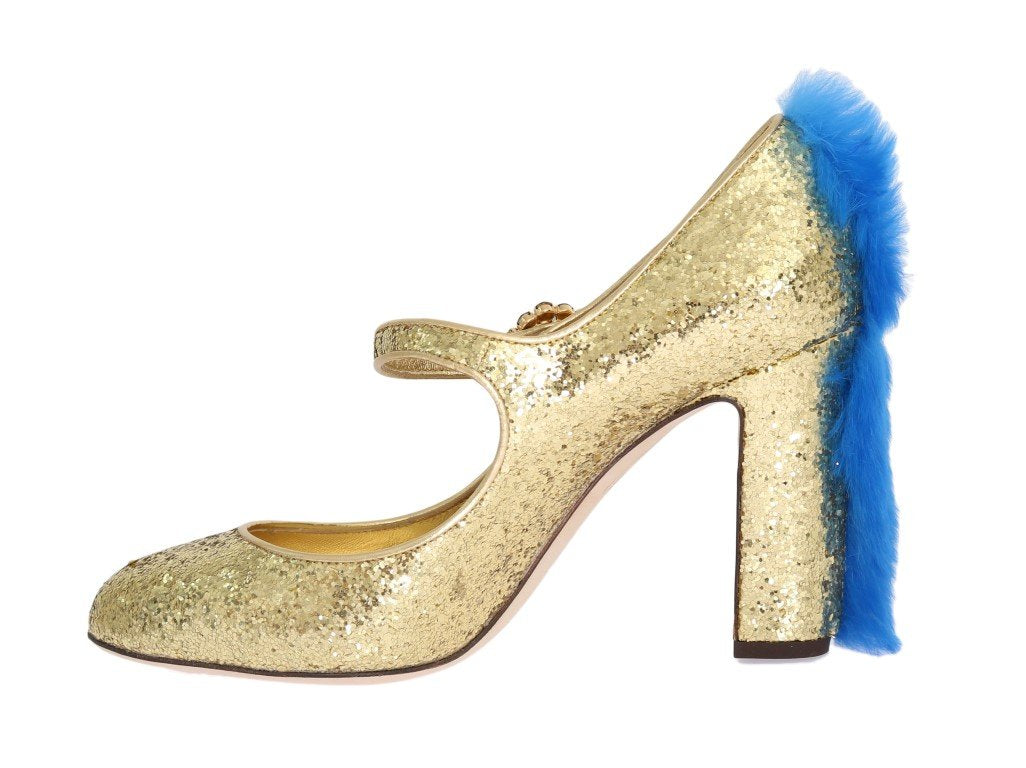 Gold Leather Crystal Fur Pumps