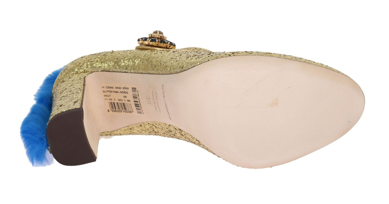 Gold Leather Crystal Fur Pumps