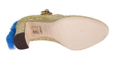 Gold Leather Crystal Fur Pumps