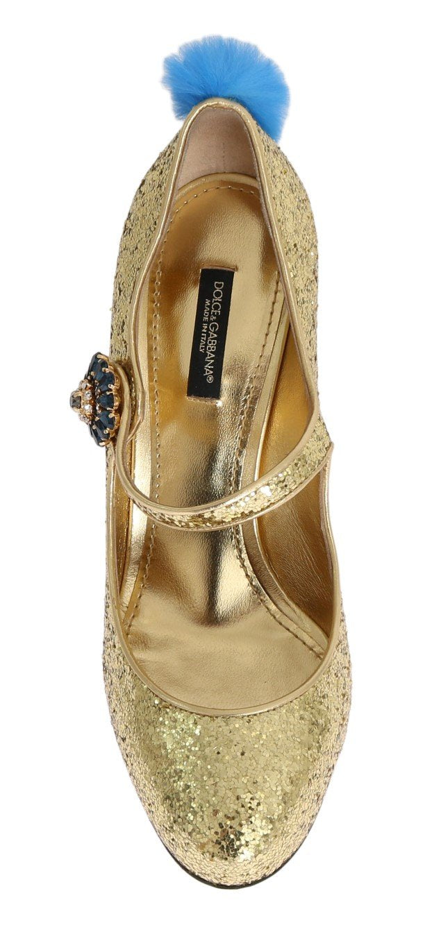 Gold Leather Crystal Fur Pumps