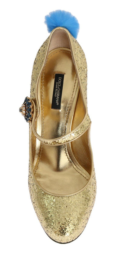 Gold Leather Crystal Fur Pumps