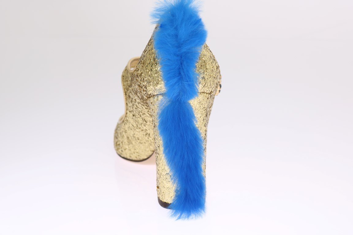 Gold Leather Crystal Fur Pumps
