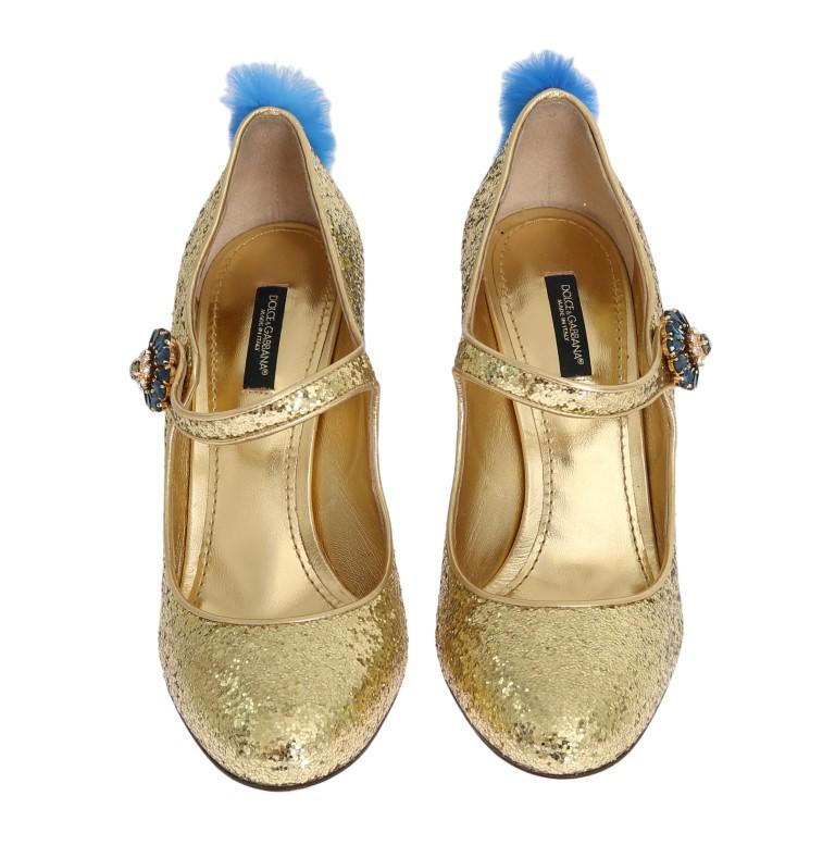 Gold Leather Crystal Fur Pumps