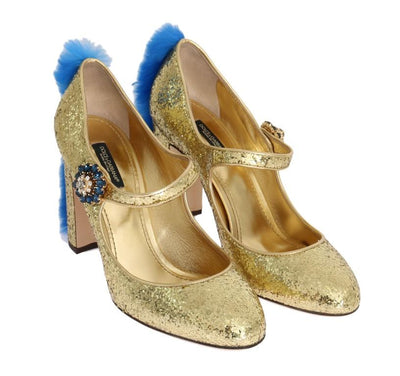 Gold Leather Crystal Fur Pumps