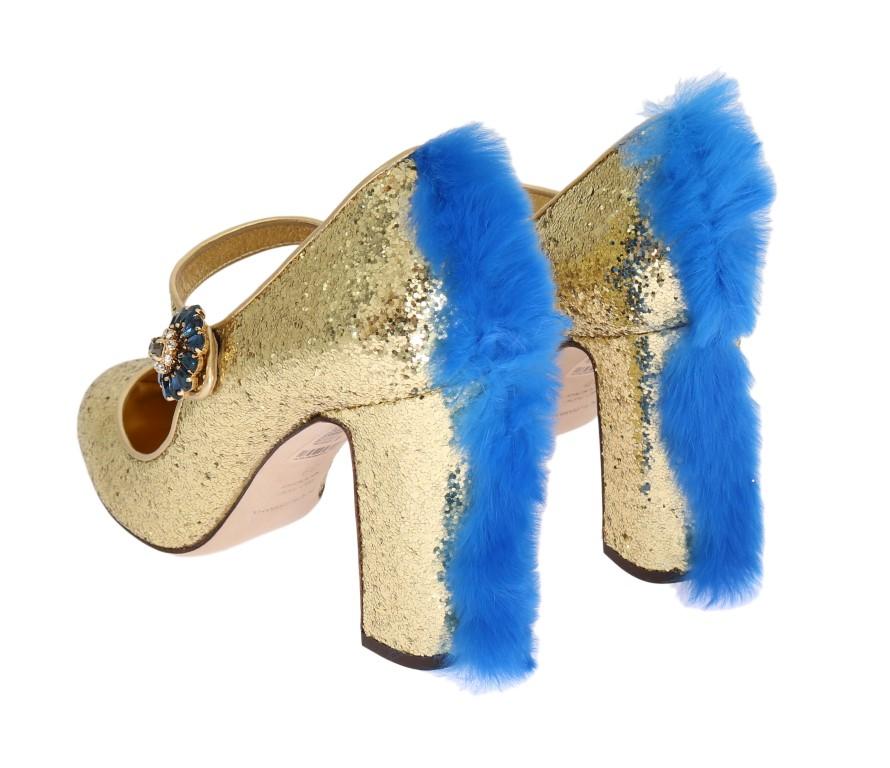 Gold Leather Crystal Fur Pumps