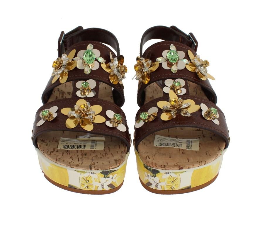 Brown Leather Lemon Crystal Sandals