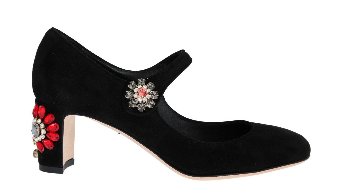 Black Suede Crystal Mary Janes Pumps