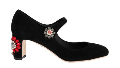Black Suede Crystal Mary Janes Pumps