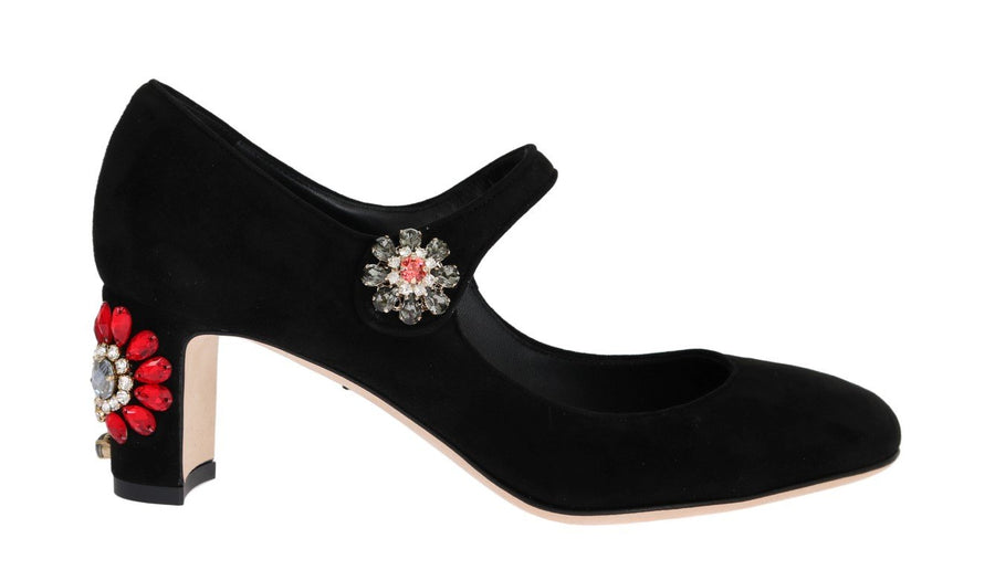 Black Suede Crystal Mary Janes Pumps