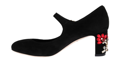 Black Suede Crystal Mary Janes Pumps
