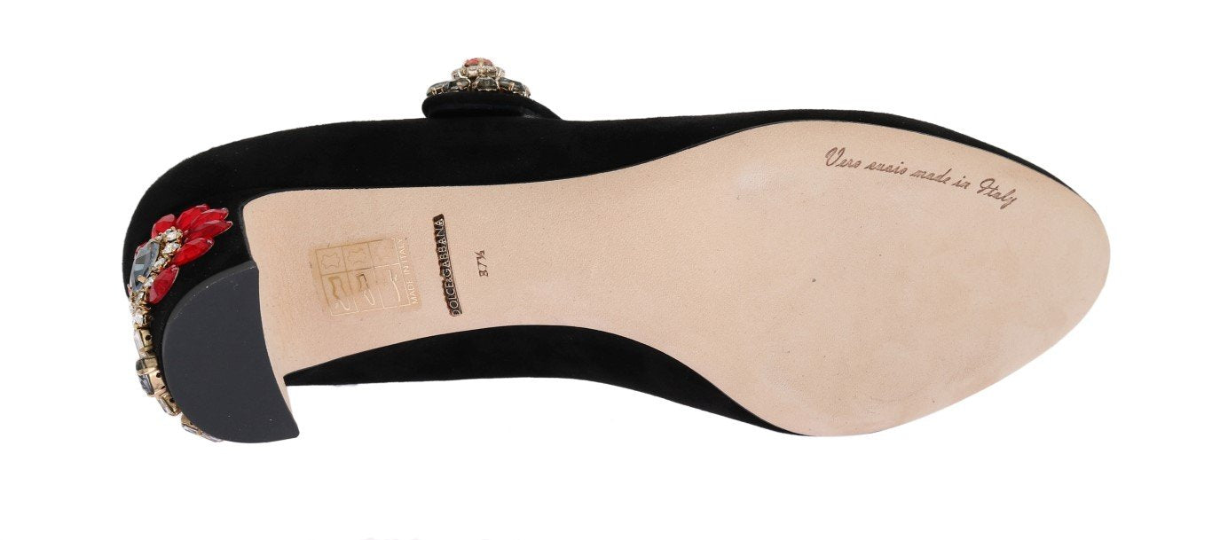 Black Suede Crystal Mary Janes Pumps