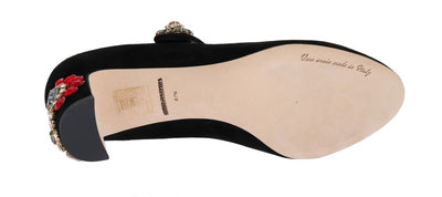 Black Suede Crystal Mary Janes Pumps