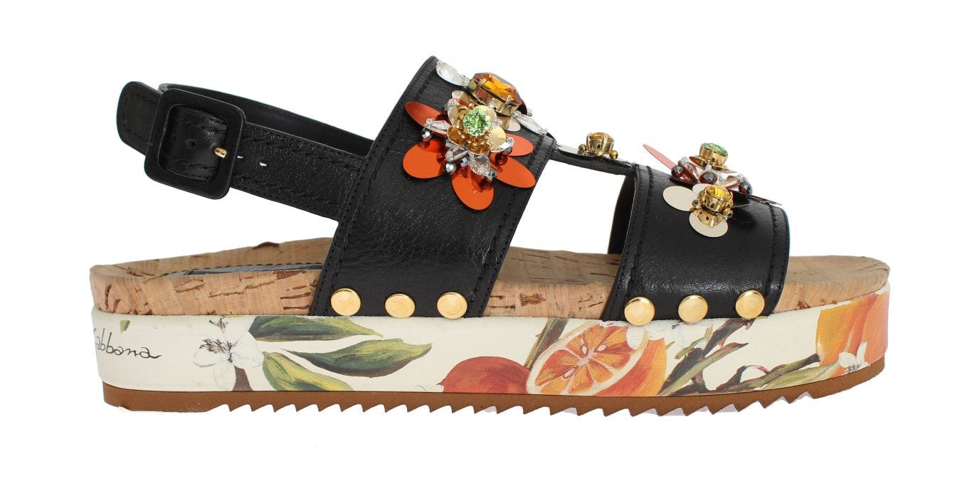 Black Leather Orange Crystal Sandals