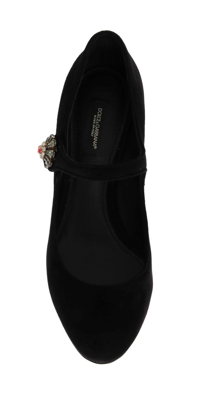 Black Suede Crystal Mary Janes Pumps