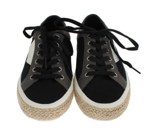Black Gray Canvas Leather Logo Sneakers