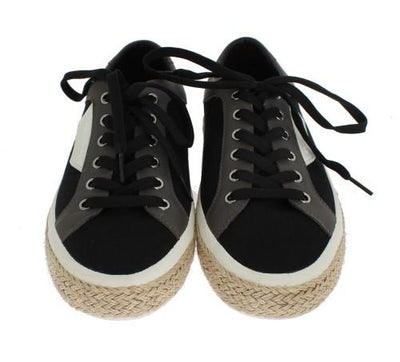 Black Gray Canvas Leather Logo Sneakers