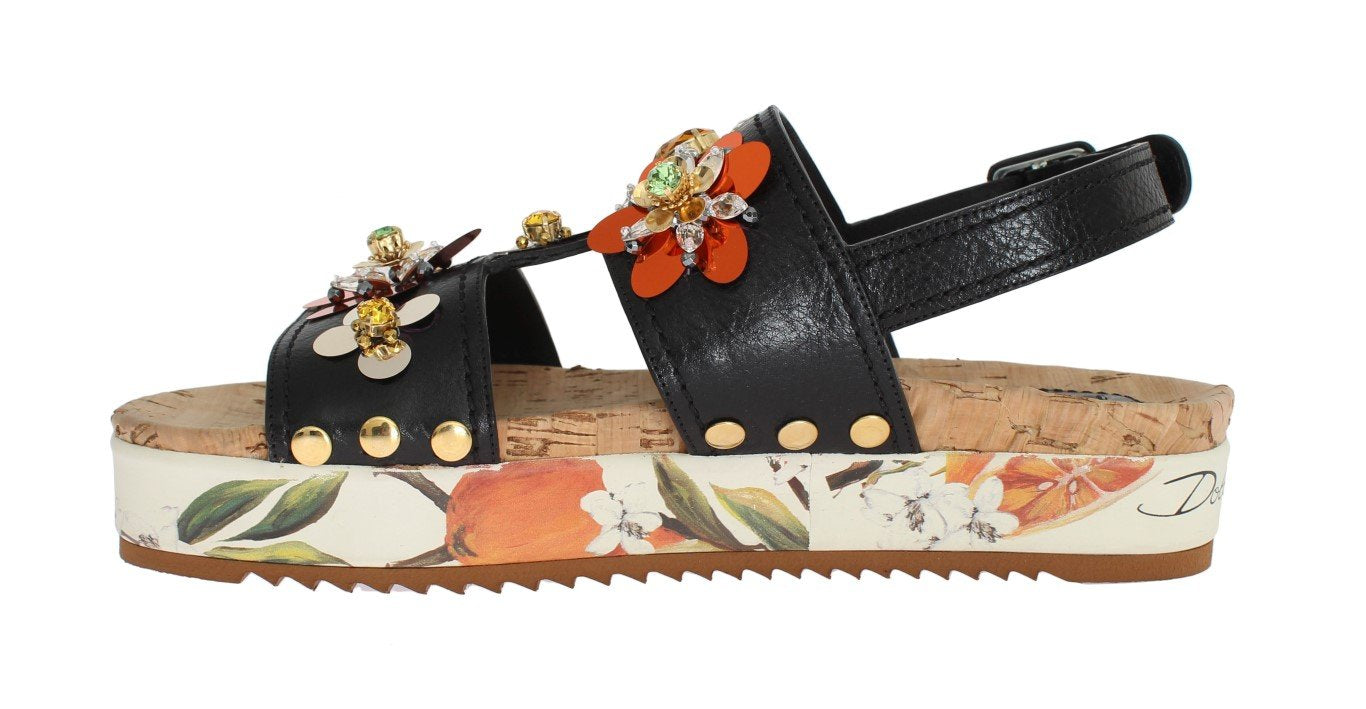 Black Leather Orange Crystal Sandals