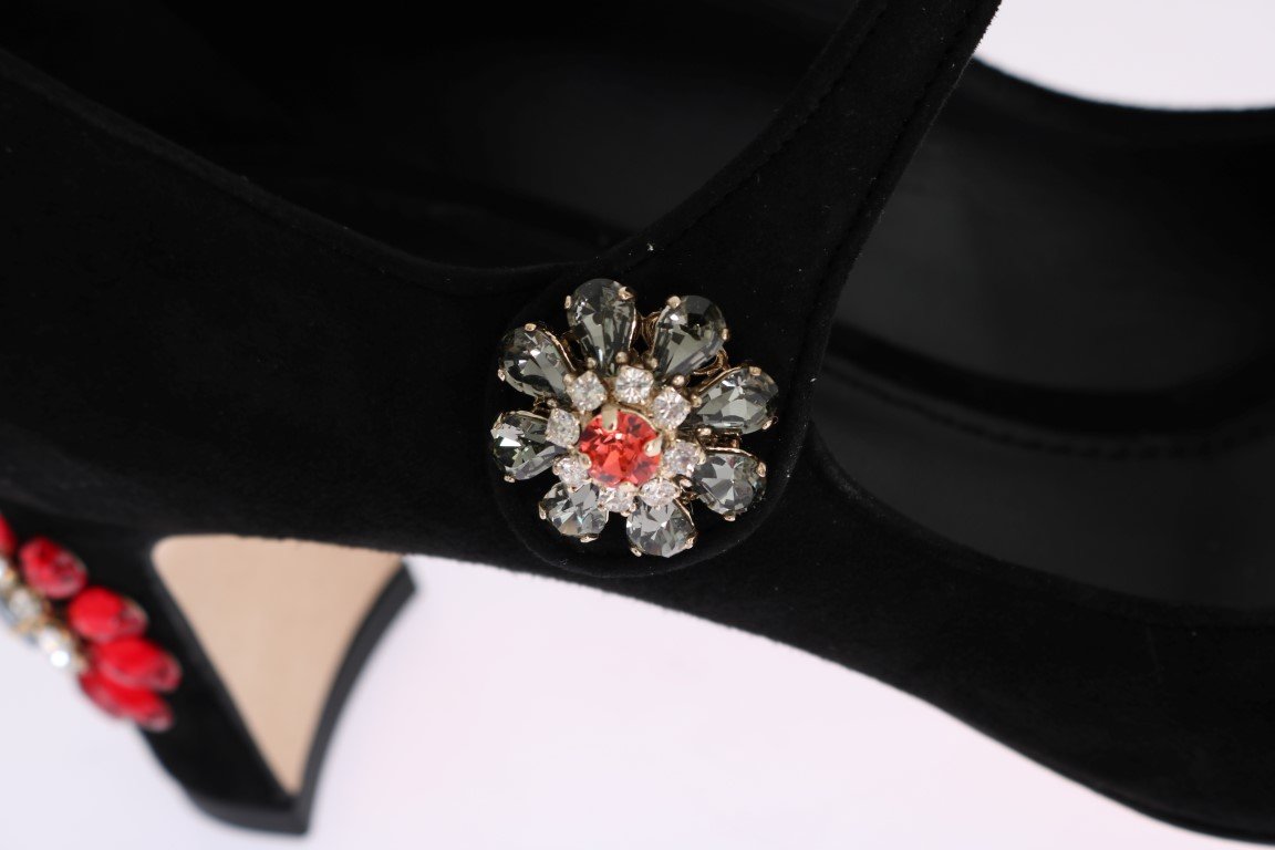 Black Suede Crystal Mary Janes Pumps