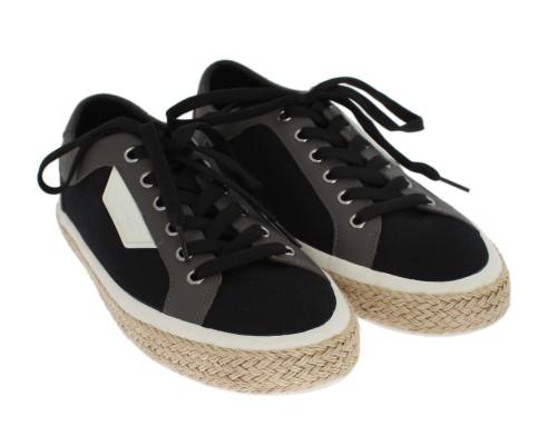 Black Gray Canvas Leather Logo Sneakers