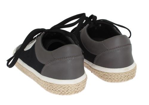 Black Gray Canvas Leather Logo Sneakers