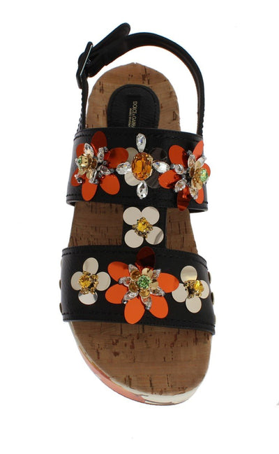 Black Leather Orange Crystal Sandals