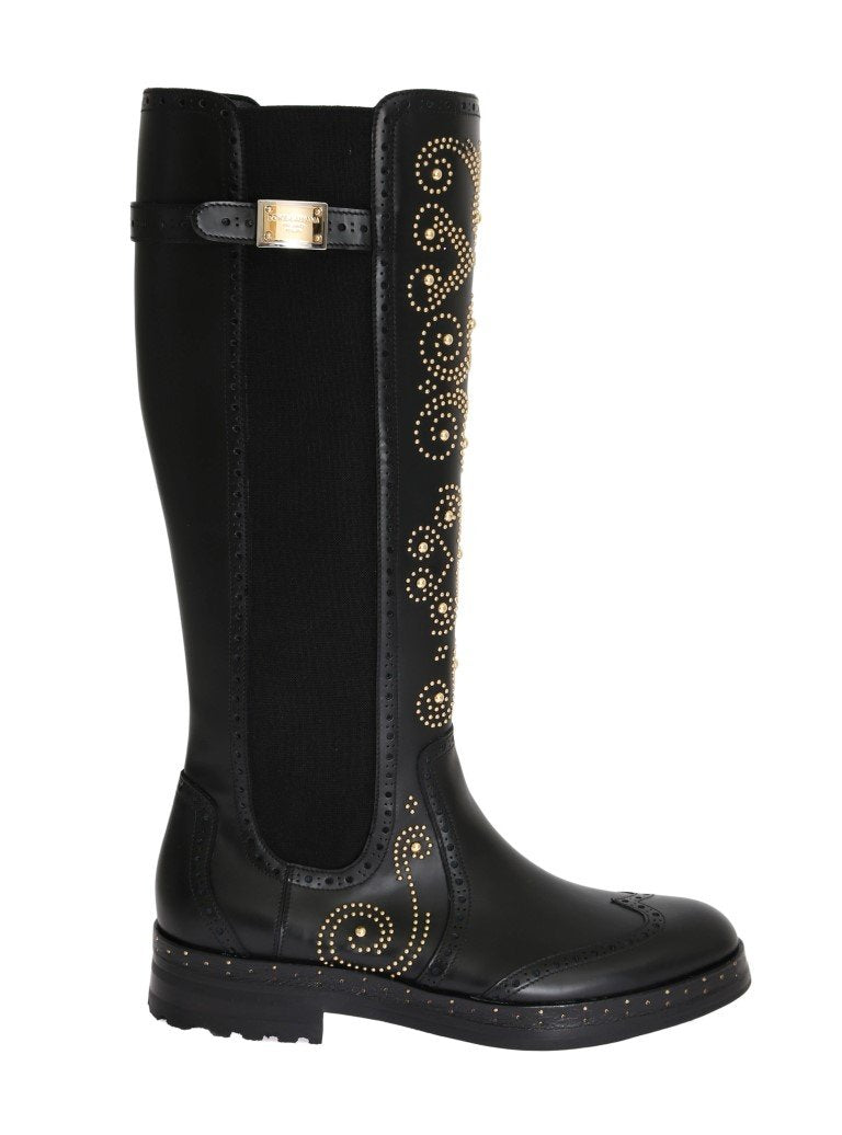 Black Ricamo Logo Leather Boots