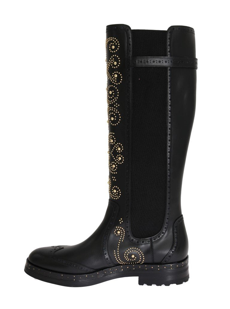 Black Ricamo Logo Leather Boots